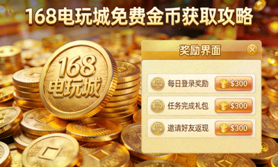 168电玩城免费金币获取攻略配图，金色硬币堆叠与奖励界面截图
