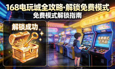 168电玩城全攻略解锁免费模式配图，解锁图标与游戏场景展示