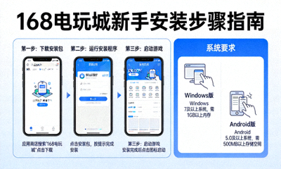 168电玩城新手安装步骤配图，分步骤展示下载安装流程与系统要求