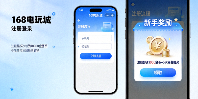 168电玩城注册登录界面截图，展示注册流程和新手奖励