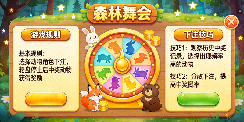 森林舞会游戏界面截图，展示游戏规则和下注技巧